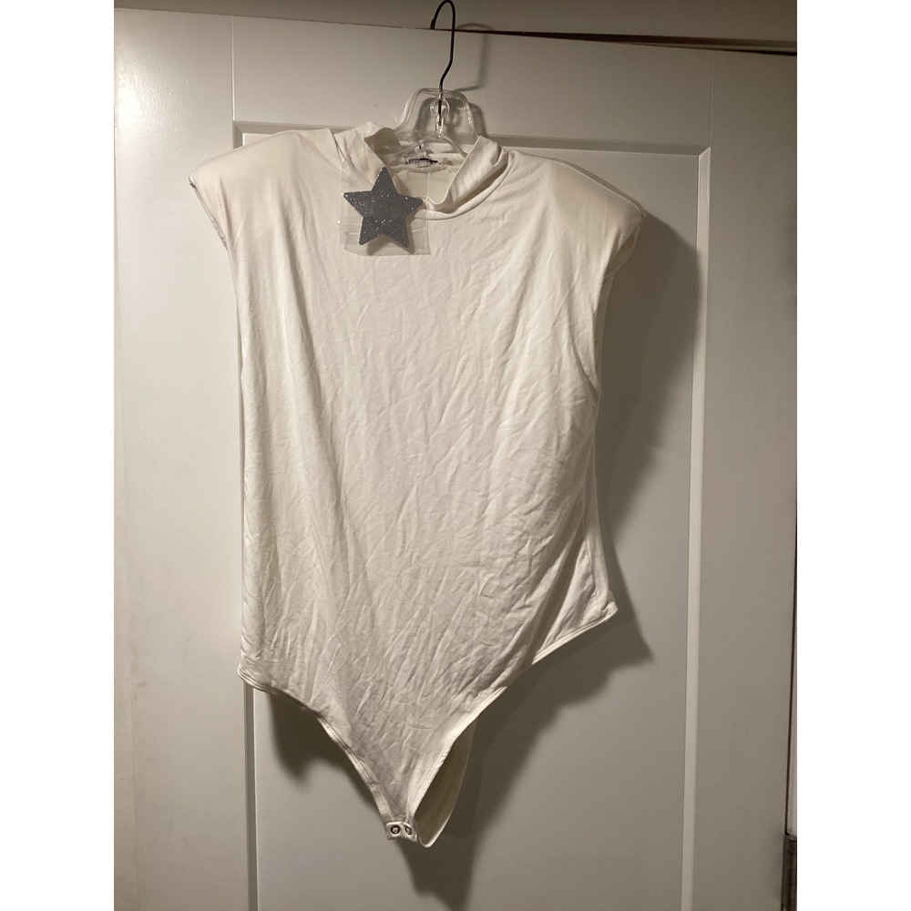 Good American Ivory Mock Neck Padded Shoulder Bodysuit GB0291 Size 4